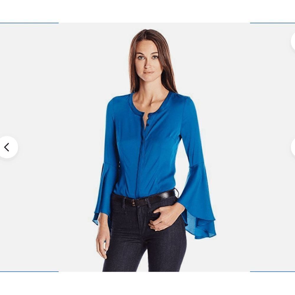 Brand New Milly Turquoise Teal Stretch Silk Bell Sleeve Blouse Size 12